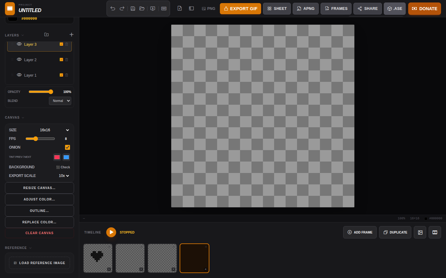 Canvas settings panel with Size, FPS, Onion, Background, Export Scale controls, plus Resize/Adjust/Outline/Replace/Clear buttons and the Reference section