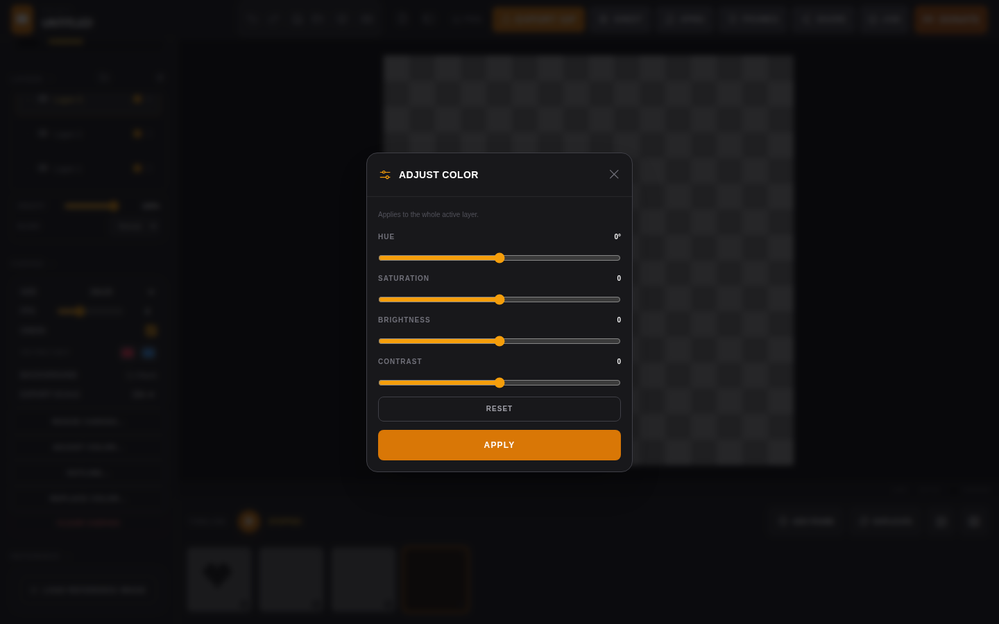 Adjust Color modal with Hue, Saturation, Brightness and Contrast sliders and a live preview