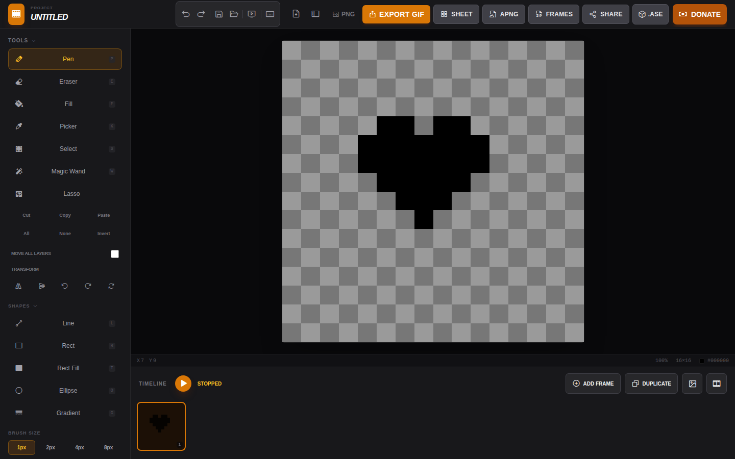 A small pixel-art heart drawn with the pen tool on the 16x16 canvas