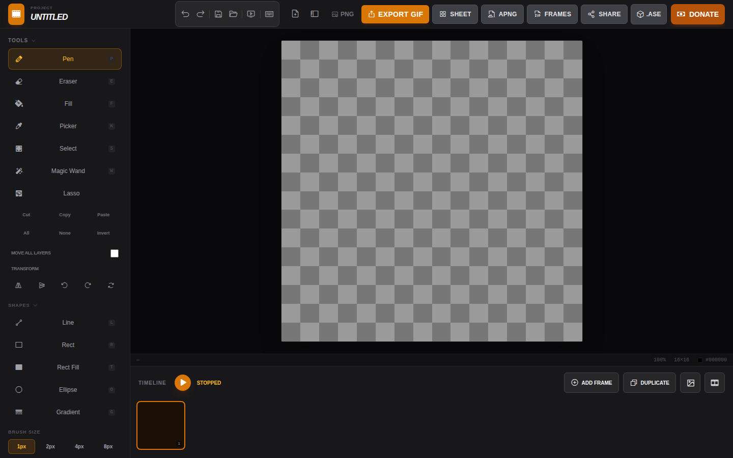 Pixel Studio Pro's default interface: header with export buttons, left sidebar with tools, checkered transparent canvas, and timeline strip at the bottom