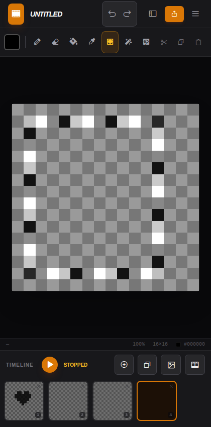 Pixel Studio Pro on a narrow mobile viewport, with a condensed icon toolbar and the same timeline strip