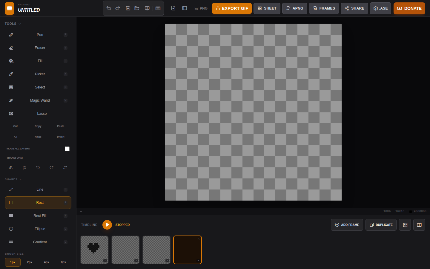 Rect tool selected in the sidebar, highlighted in amber