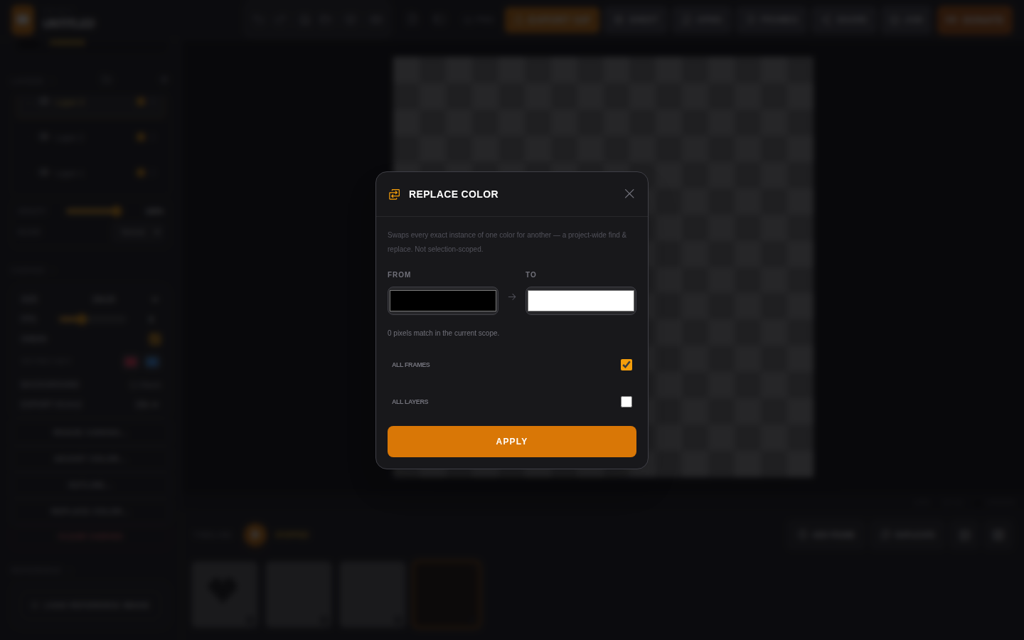 Replace Color modal with From and To swatches and All Frames / All Layers checkboxes