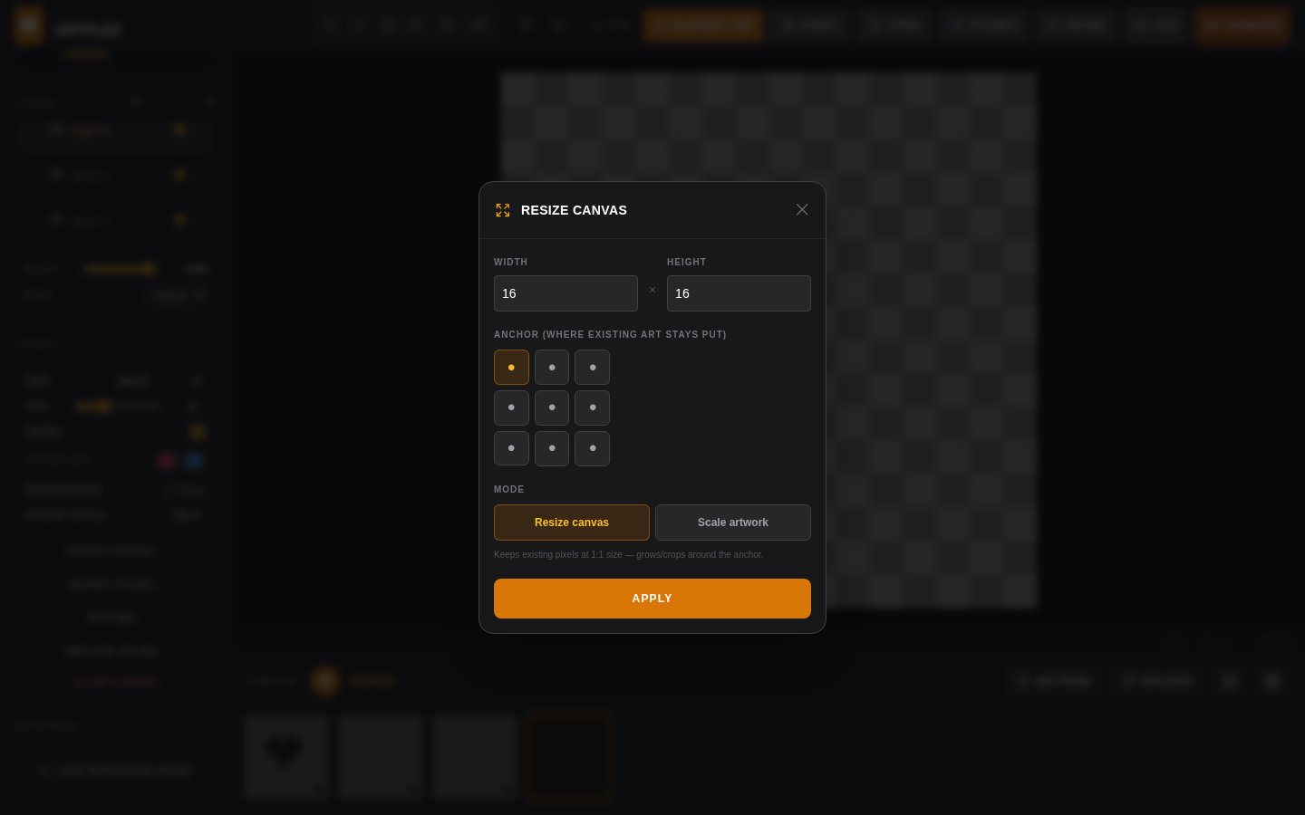 Resize Canvas modal with Width/Height fields, a 3x3 anchor grid, and Resize canvas / Scale artwork modes