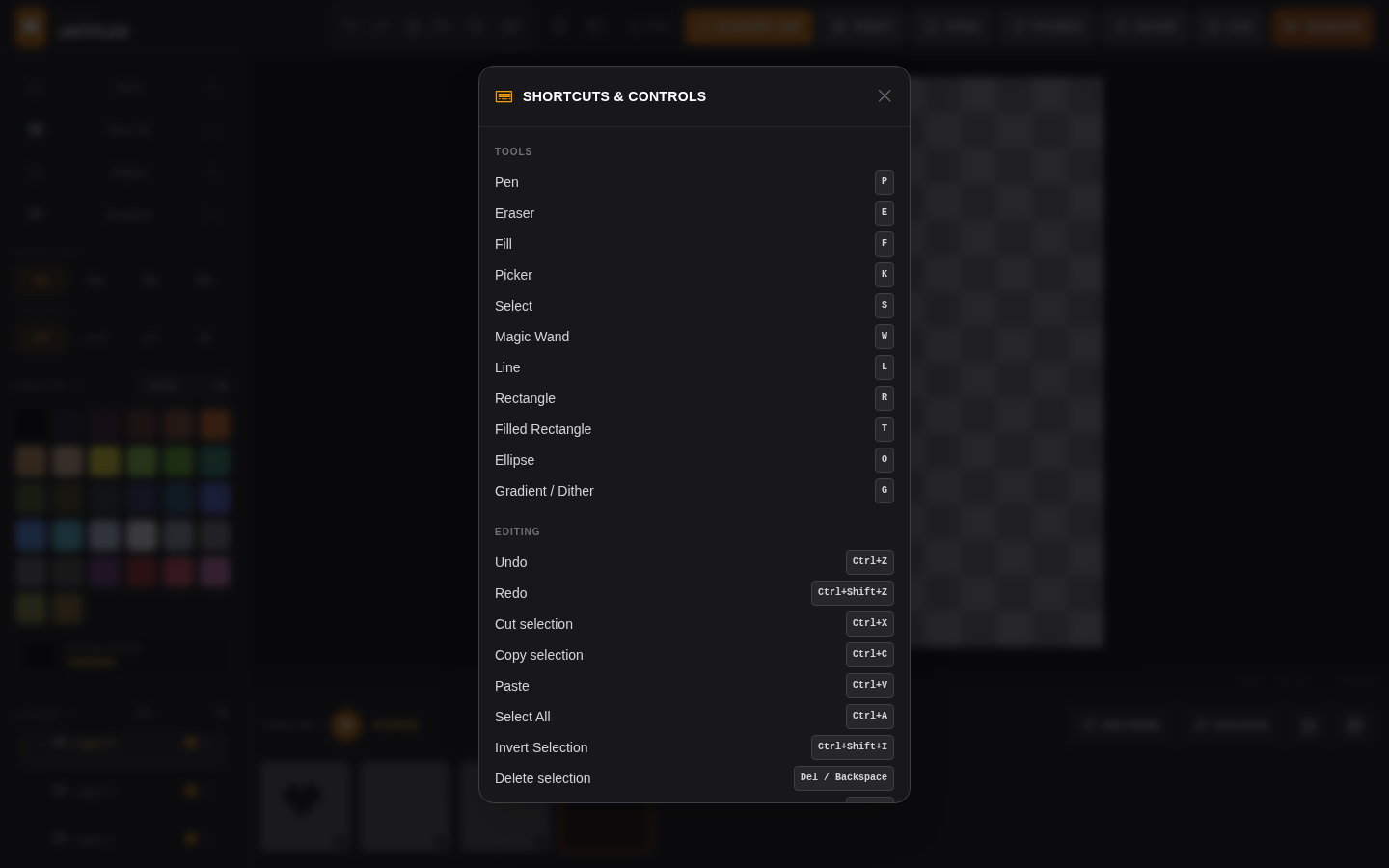 Shortcuts and Controls modal listing tool and editing shortcuts with their key bindings