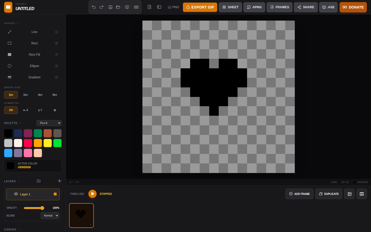 Sidebar showing brush size, symmetry, the Pico-8 palette grid, and the active color chip
