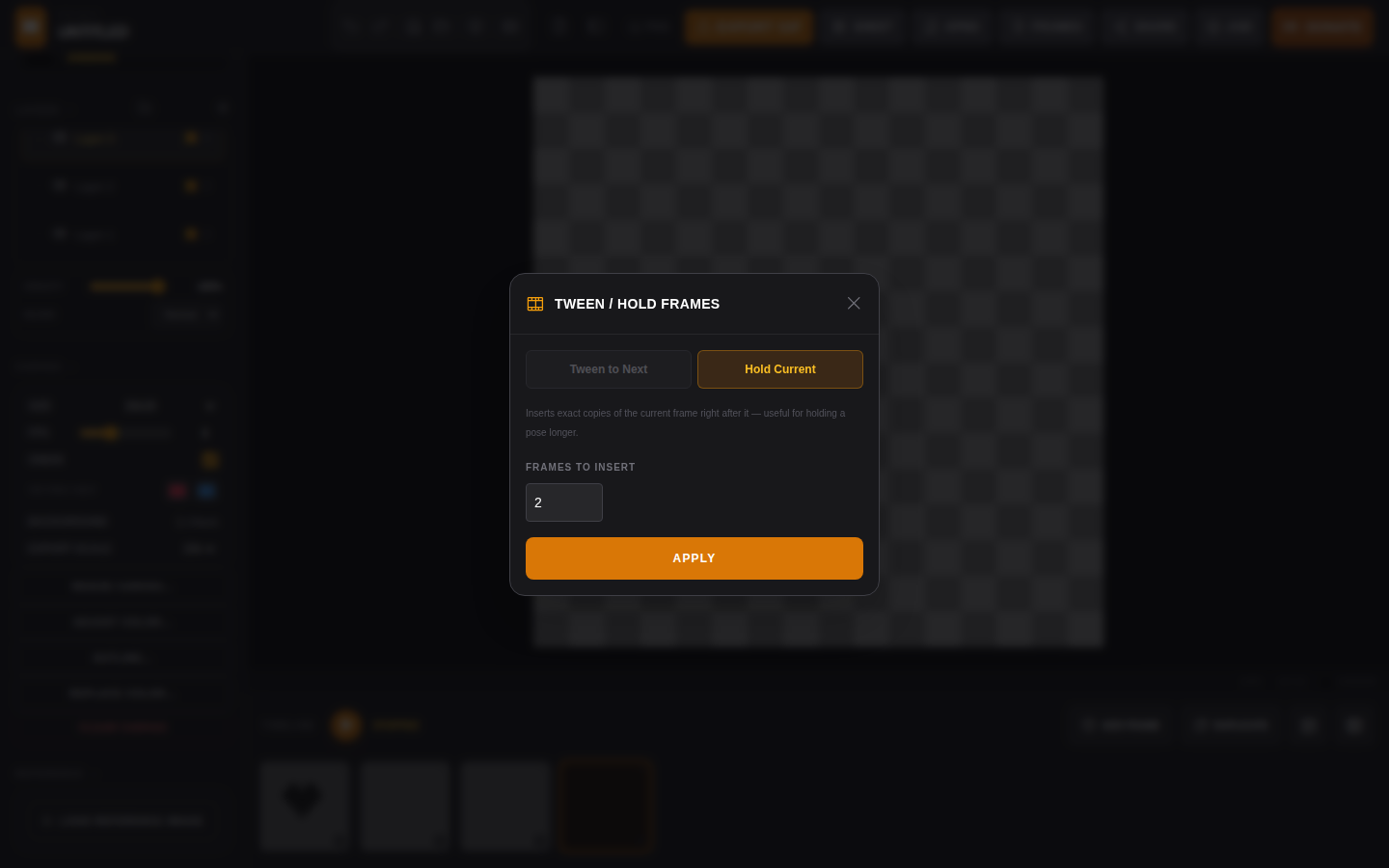 Tween / Hold Frames modal with Tween to Next and Hold Current tabs